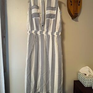 Sleeveless White and Black Striped Button Front Dress